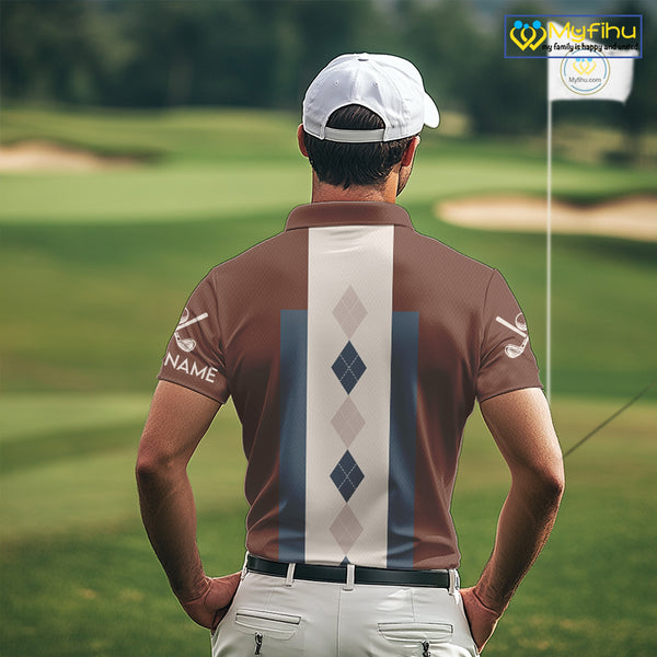Brown Argyle Pattern Mens Golf Polo Shirts Custom Vintage Style For Golf Lovers Gift For Men NQS10233