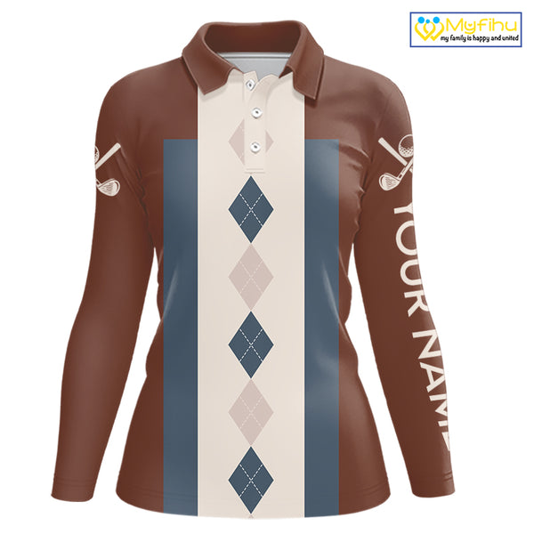 Brown Argyle Pattern Women Golf Polo Shirts Custom Vintage Style For Golf Lovers Gift For Ladies NQS10233