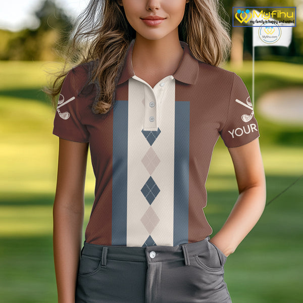 Brown Argyle Pattern Women Golf Polo Shirts Custom Vintage Style For Golf Lovers Gift For Ladies NQS10233
