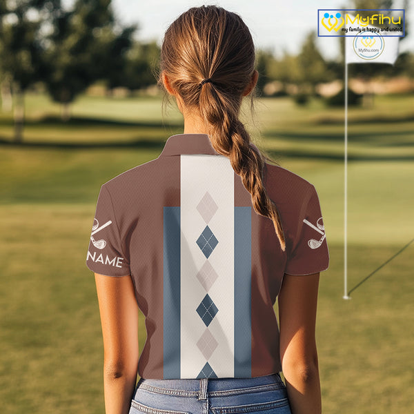 Brown Argyle Pattern Women Golf Polo Shirts Custom Vintage Style For Golf Lovers Gift For Ladies NQS10233