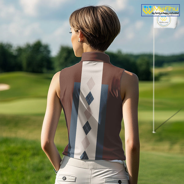 Brown Argyle Pattern Women Sleeveless Polo Shirt Custom Vintage Style For Golf Lovers Gift For Ladies NQS10233