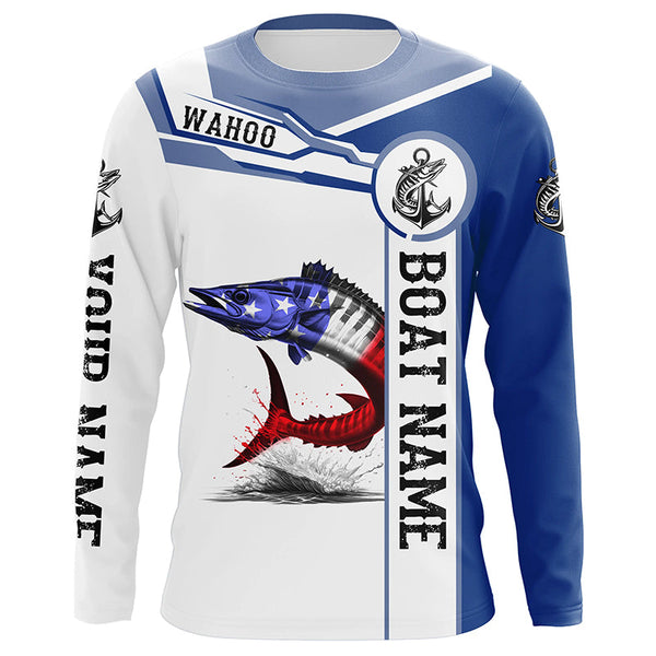 Wahoo Fishing American Flag Custom name and boat name performance Patriotic Long Sleeve Fishing Shirts NQS2338