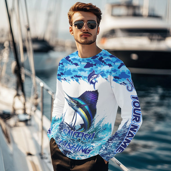 Sailfish fishing Blue sea camo Custom UV protection fishing long sleeve shirt, Sailfish Fishing jersey NQS9342