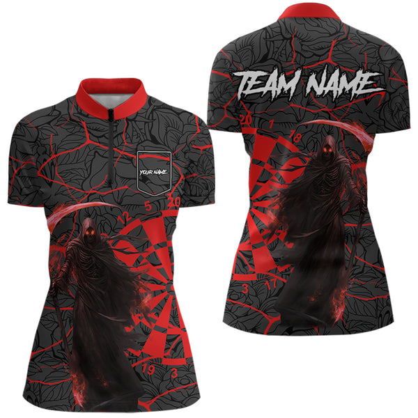 Women Darts Polo, Quarter Zip shirts Custom black and red reaper skull Darts Team Jerseys, Darts gifts NQS9481