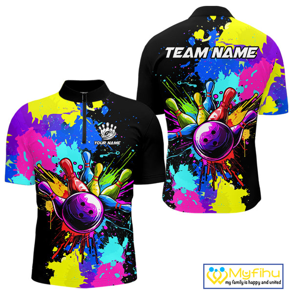 Colorful bowling jerseys Bowling Polo, 1/4 Zip Shirt for Men Custom Bowling Team shirts for bowlers NQS10240