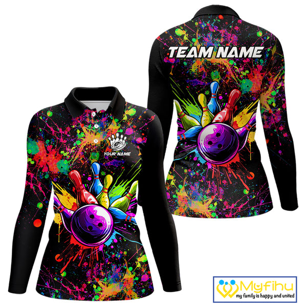Colorful watercolor Bowling Polo, 1/4 Zip Shirt for Women Custom Bowling Team jersey for bowlers NQS10242