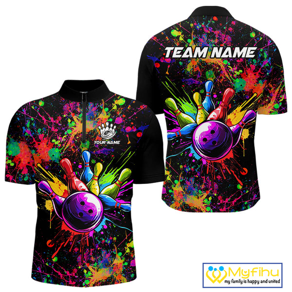 Colorful watercolor Bowling Polo, 1/4 Zip Shirt for mens Custom Bowling Team jersey for bowlers NQS10242