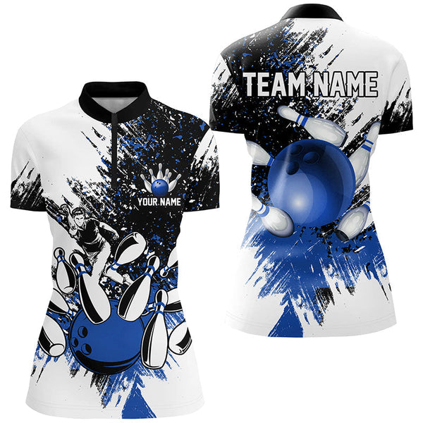Black White Women Bowling Polo, Quarter Zip Shirts Custom bowling jersey, girls bowling outfit | Blue NQS8430