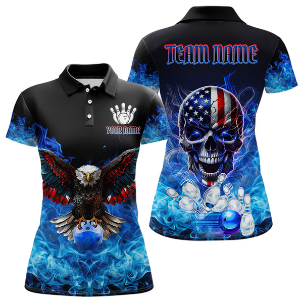 Blue Flame Smoke American Flag Eagle Skull Women Bowling Shirts Custom Patriotic Bowling Team Jersey NQS9659