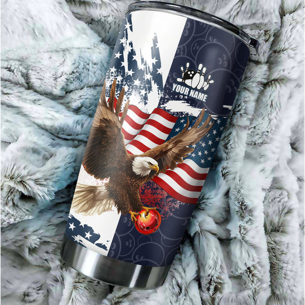 Red, White and Blue American Flag custom Bowling Camo Eagle Bowling Stainless Steel Tumbler Cup NQS9862