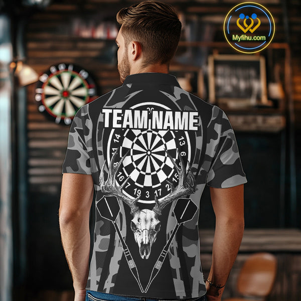 Deer Skull Darts Board Gray Camo Darts Polo, Quarter zip Shirts For Men Custom Team Darts Jersey NQS9934
