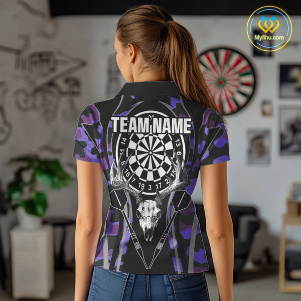 Deer Skull Darts Board Purple Camo Darts Polo, Quarter zip Shirts For Women Custom Team Darts Jersey NQS9935