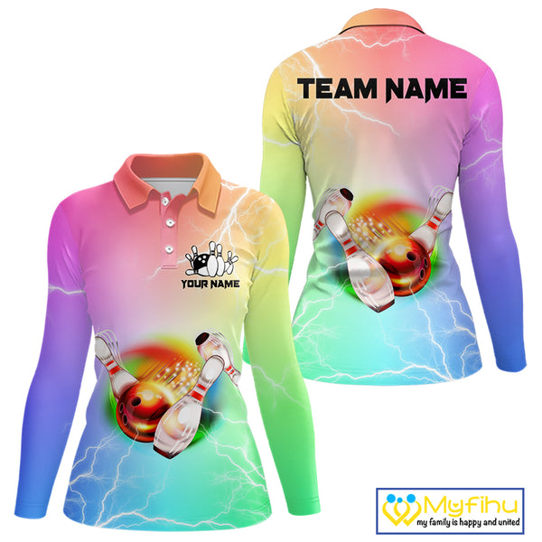Gradient colorful rainbow lightning thunder storm Bowling Shirts for Women Custom Team Bowling jerseys NQS9941