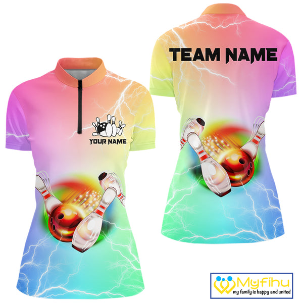 Gradient colorful rainbow lightning thunder storm Bowling Shirts for Women Custom Team Bowling jerseys NQS9941