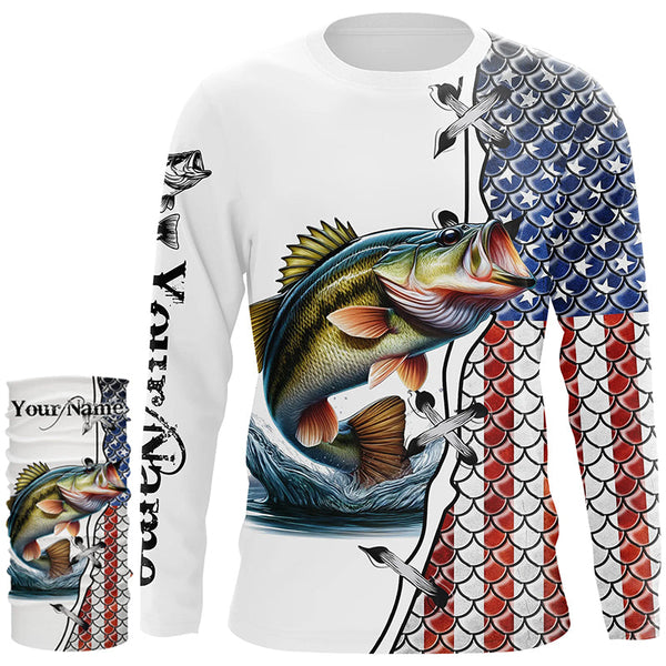 Largemouth Bass fishing American flag patriotic 4th July Custom name performance fishing shirts NQS2072