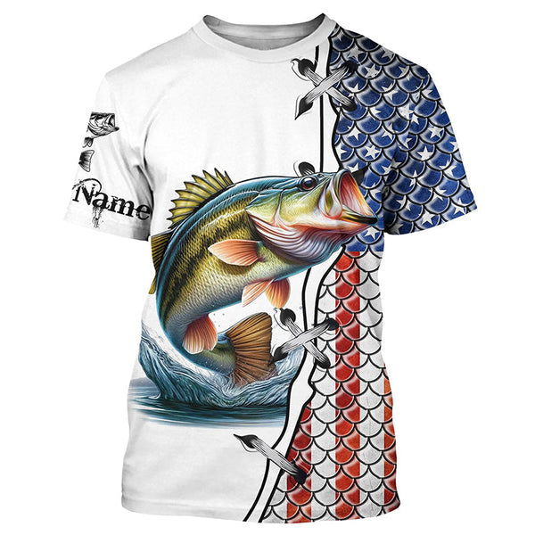 Largemouth Bass fishing American flag patriotic 4th July Custom name performance fishing shirts NQS2072