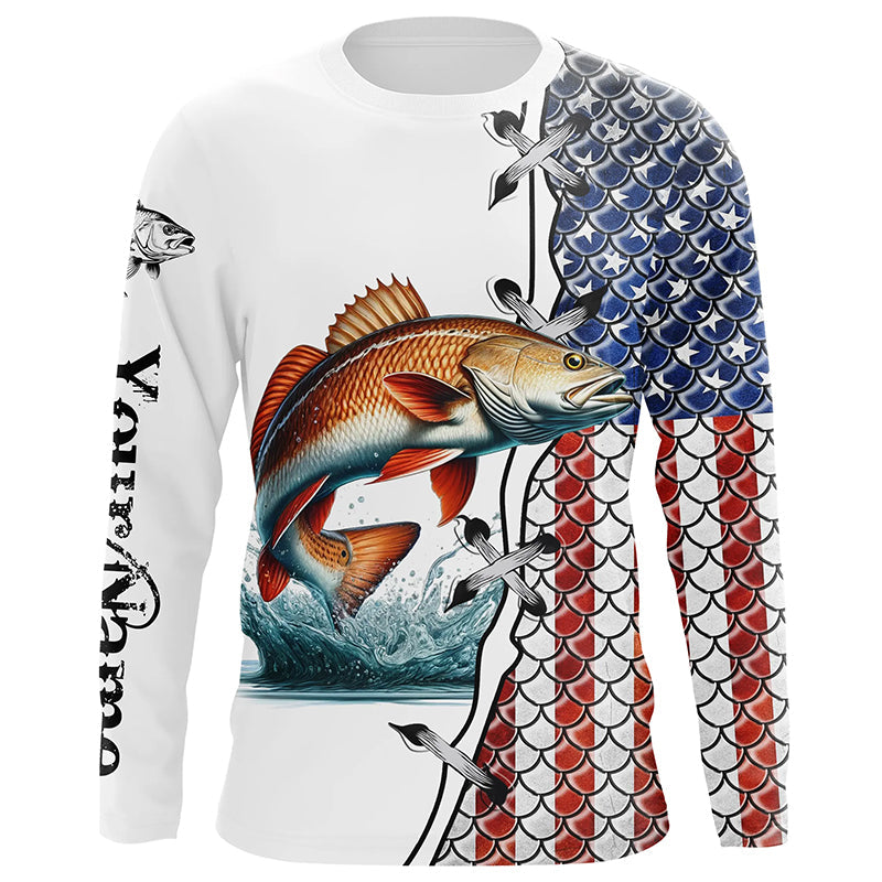 Redfish puppy drum fishing American flag patriotic 4th July Custom performance fishing shirts NQS2073