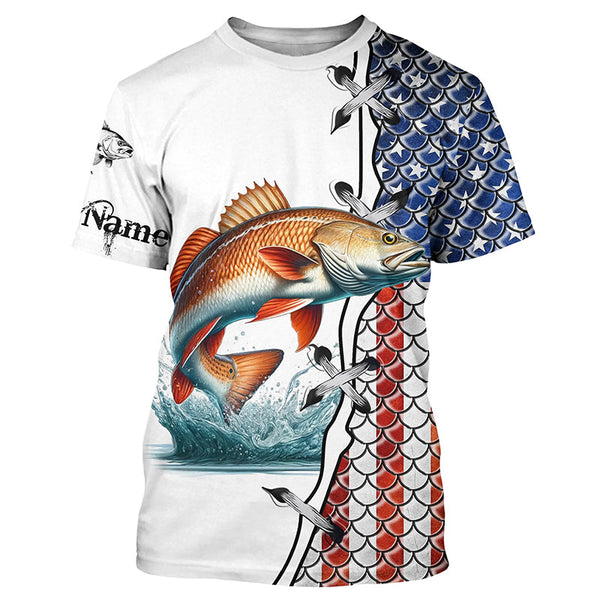 Redfish puppy drum fishing American flag patriotic 4th July Custom performance fishing shirts NQS2073