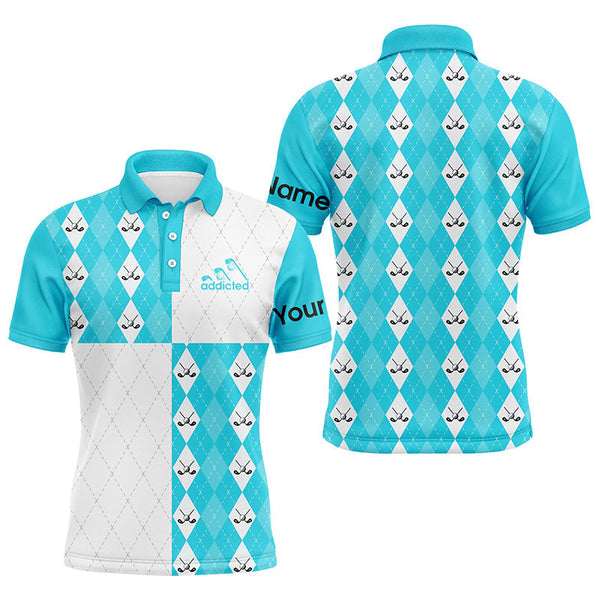 Golf addicted Mens golf polo shirts custom Cyan blue and white golf ball clubs argyle plaid pattern NQS7447