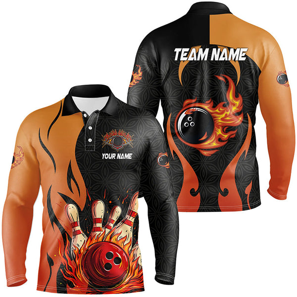 Black and Orange Flame Bowling Polo, Quarter Zip shirts for men custom team bowling jerseys bowl gifts NQS7799
