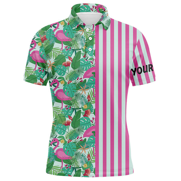 Pink Flamingo green tropical pattern stripes Mens golf polo shirts custom golf outfits for men NQS8035