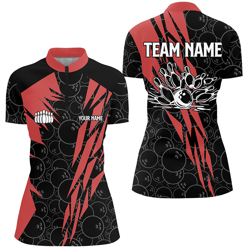 Black bowling camo Womens bowling Quarter Zip shirt Custom bowling strike team league jersey | Red NQS6343