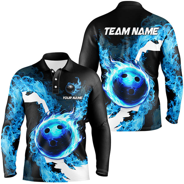 Blue Flame Fire Bowling Shirts for Men Custom Bowling Team Jersey Bowling Polo & Quarter-Zip Shirts NQS8455