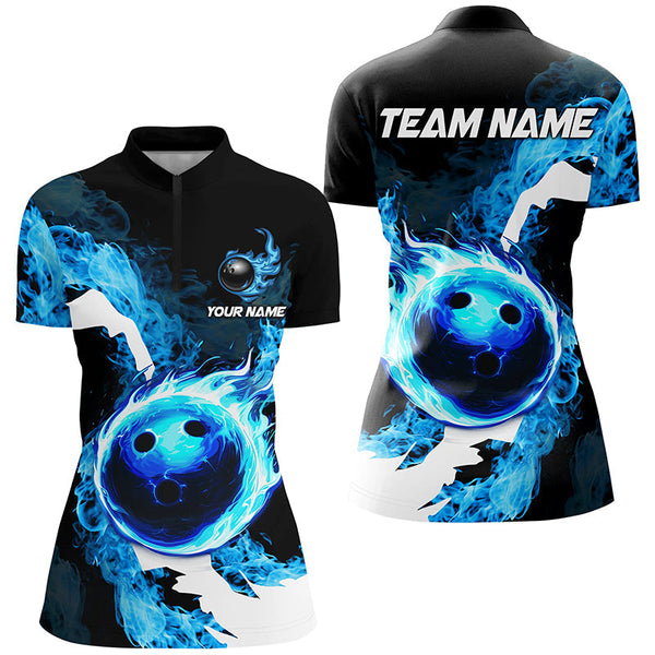 Blue Flame Fire Bowling Shirts for Women Custom Bowling Team Jersey Bowling Polo & Quarter-Zip Shirts NQS8455