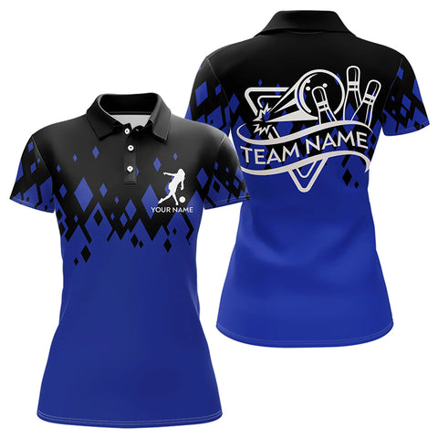 Personalized Black and Blue Bowling Polo, Quarter Zip Shirts For Women Custom Bowling Team Jerseys NQS9153