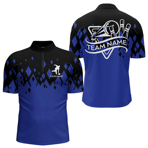 Personalized Black and Blue Bowling Polo, Quarter Zip Shirts For Men Custom Bowling Team Jerseys NQS9153