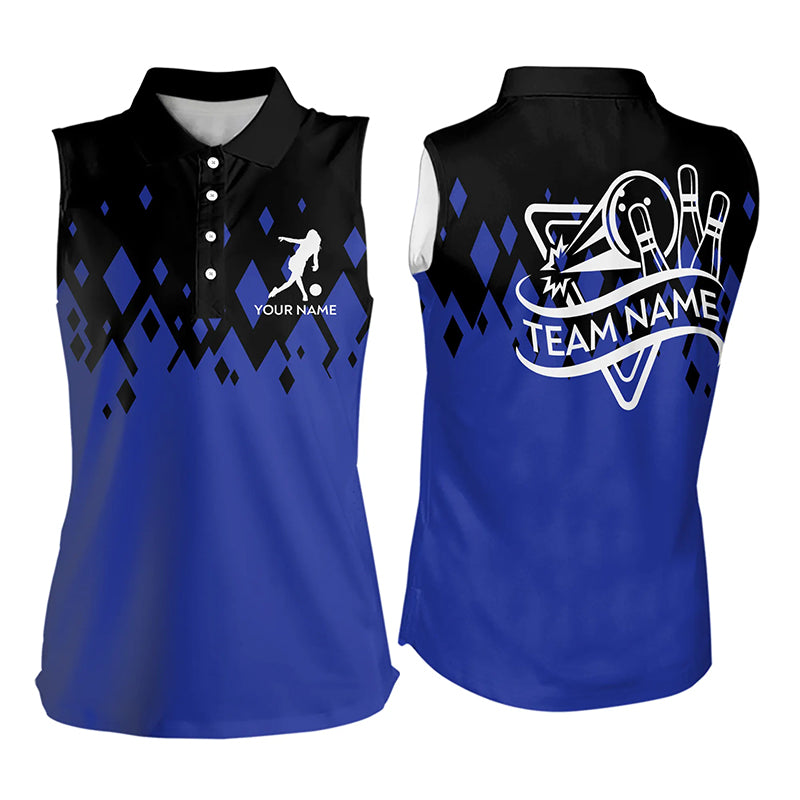 Personalized Black and Blue Bowling Sleeveless Polo Shirt Custom Bowling Team Jerseys NQS9153