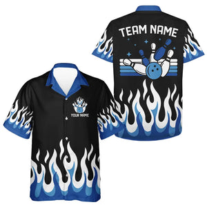 Black and Blue Flame Retro Bowling Hawaiian Shirt Custom Team Bowling button up shirts NQS9155