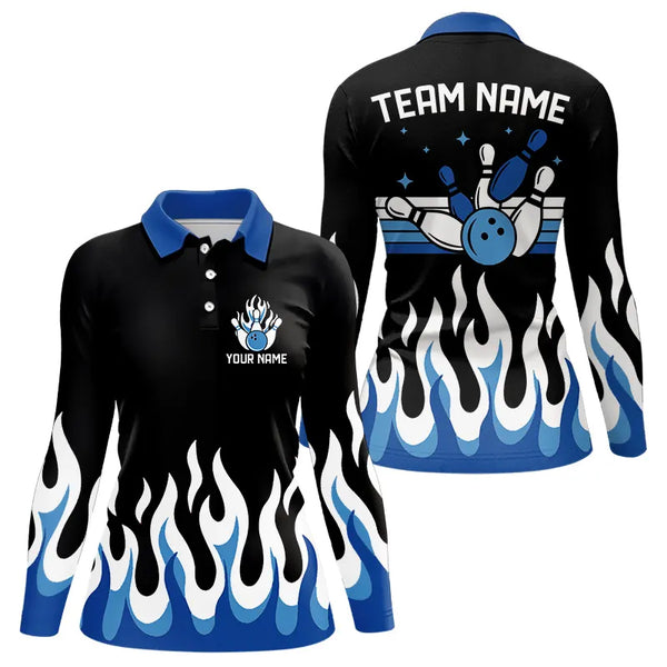 Black and Blue Flame Retro Bowling Polo, Quarter Zip Shirt for Women Custom Bowling Team Jerseys NQS9155