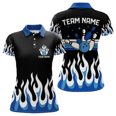 Black and Blue Flame Retro Bowling Polo, Quarter Zip Shirt for Women Custom Bowling Team Jerseys NQS9155