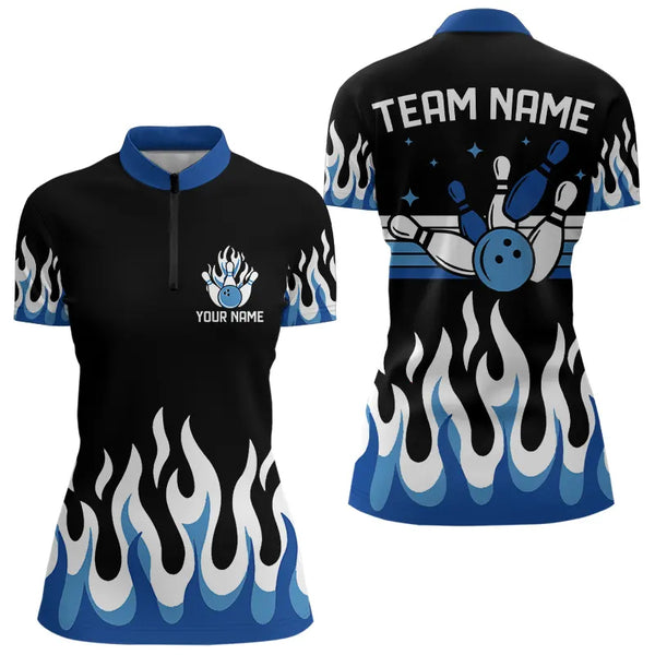 Black and Blue Flame Retro Bowling Polo, Quarter Zip Shirt for Women Custom Bowling Team Jerseys NQS9155