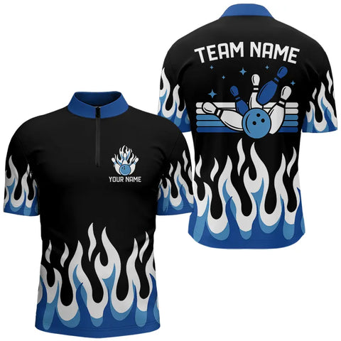 Black and Blue Flame Retro Bowling Polo, Quarter Zip Shirt for Men Custom Bowling Team Jerseys NQS9155