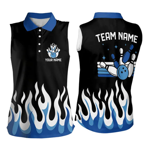 Black and Blue Flame Retro Bowling Sleeveless Polo Shirt Custom Bowling Team Jerseys NQS9155