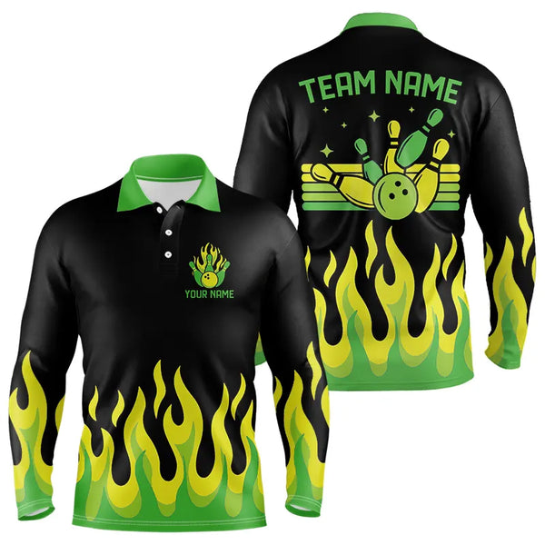 Black and Green Flame Retro Bowling Polo, Quarter Zip Shirt for Men Custom Bowling Team Jerseys NQS9156