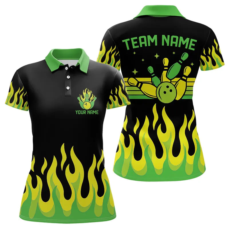 Black and Green Flame Retro Bowling Polo, Quarter Zip Shirt for Women Custom Bowling Team Jerseys NQS9156