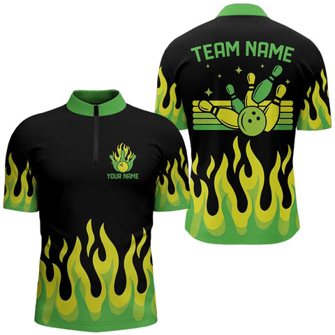 Black and Green Flame Retro Bowling Polo, Quarter Zip Shirt for Men Custom Bowling Team Jerseys NQS9156