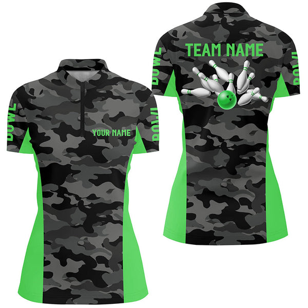 Women bowling Polo, Quarter Zip shirts Custom gray camo Bowling Team League Jerseys | Green NQS7605