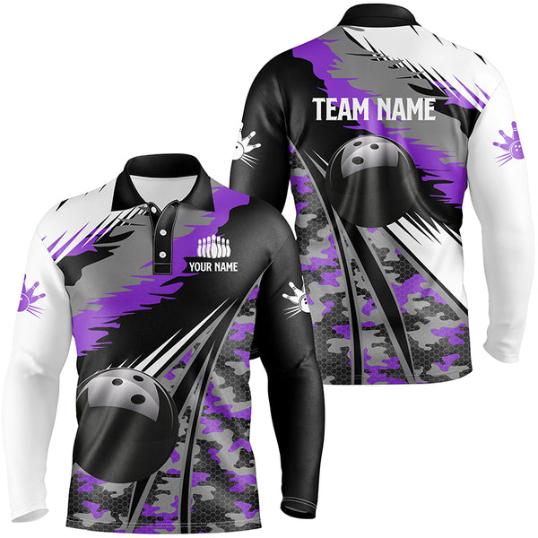 Mens polo bowling shirts Custom black ball purple camo Bowling Team Jersey, gift for Bowlers NQS6572