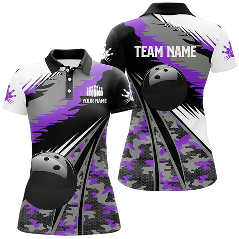 Womens bowling polo shirts Custom black ball purple camo Bowling Team Jersey, gift for Bowlers NQS6572