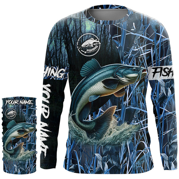 Catfish fishing blue camouflage fishing clothing Custom UV protection performance fishing shirt NQS2614