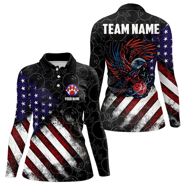 Retro American Flag Eagle Bowling Polo, 1/4 Zip Shirt for Women Custom Patriotic Bowling Team Jersey NQS9162