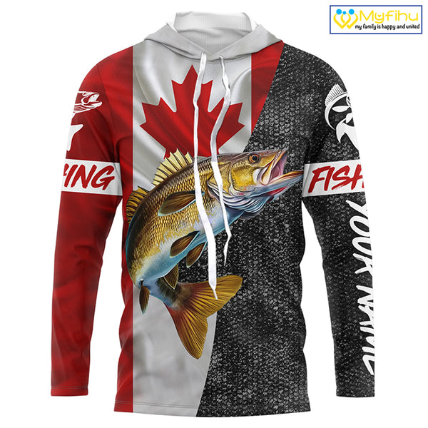 Canadian Flag Walleye Fishing Custom long sleeve performance Fishing Shirts, Walleye Fishing jerseys NQS4897