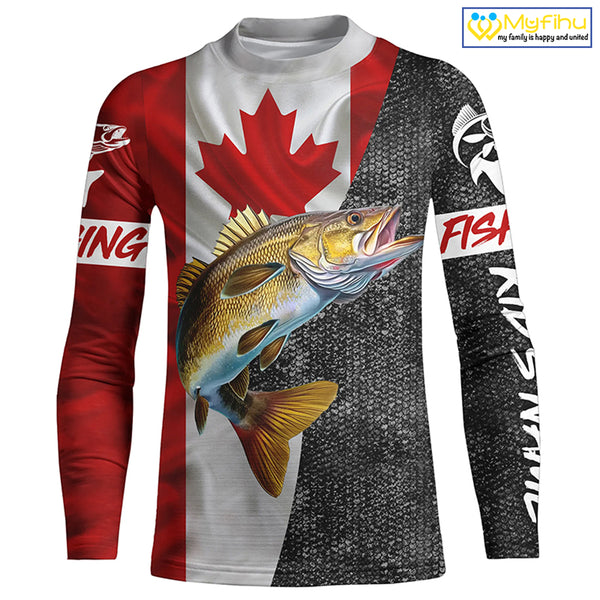 Canadian Flag Walleye Fishing Custom long sleeve performance Fishing Shirts, Walleye Fishing jerseys NQS4897