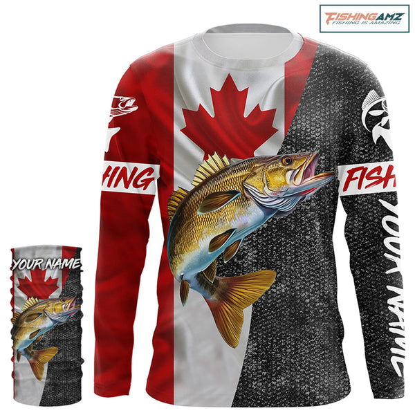 Canadian Flag Walleye Fishing Custom long sleeve performance Fishing Shirts, Walleye Fishing jerseys NQS4897