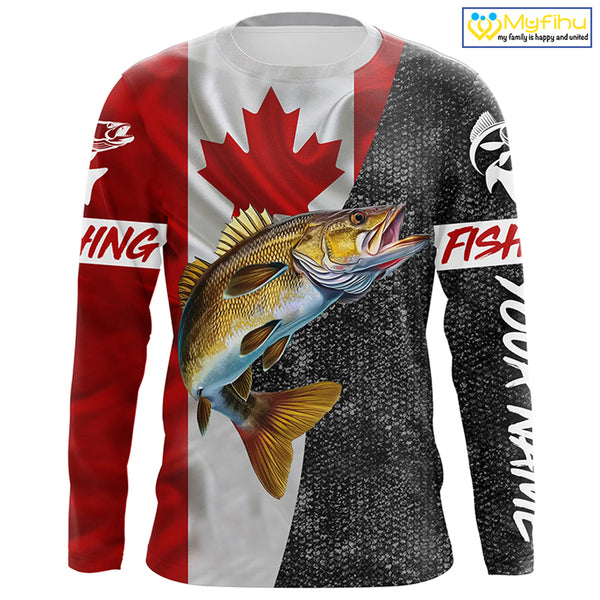 Canadian Flag Walleye Fishing Custom long sleeve performance Fishing Shirts, Walleye Fishing jerseys NQS4897