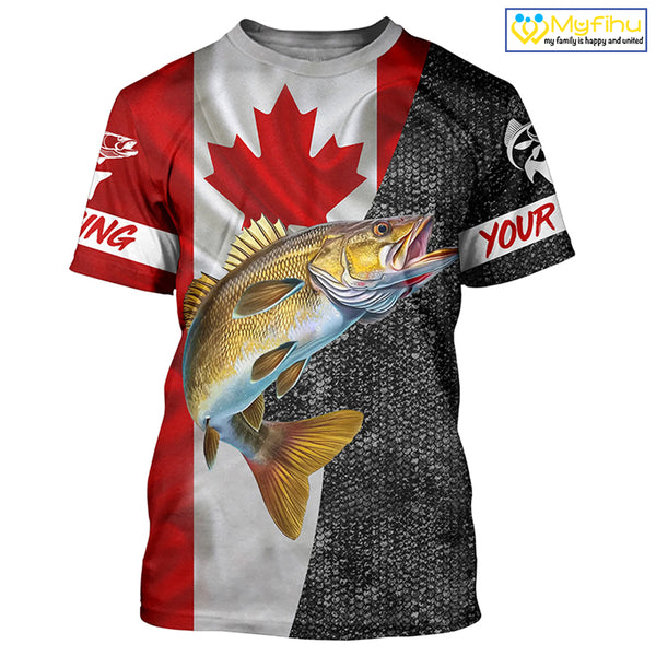 Canadian Flag Walleye Fishing Custom long sleeve performance Fishing Shirts, Walleye Fishing jerseys NQS4897